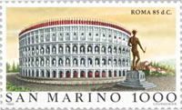 The Colossus of Nero as Sun King standing by the Colosseum on a San Martino stamp.